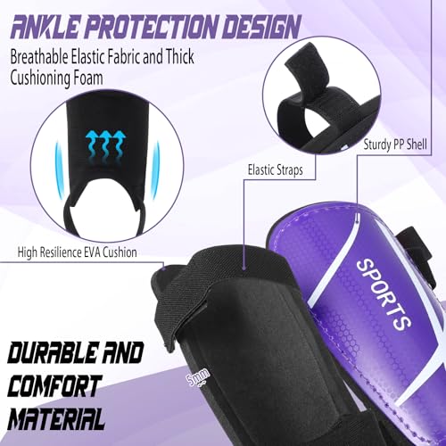 Soccer Shin Guards and Socks Kids Youth Lightweight Soccers Pads Defender with Ankle Protection Ski Shin Guards Football Equipment for Age 4-14 Toddler Boy Girl - color: Purple, size: Medium