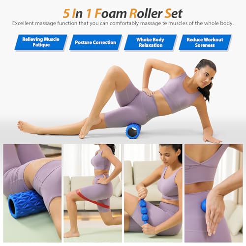 5 in1 Foam Roller Set, Trigger Point Foam Roller, Massage Roller Stick, Massage Ball, Resistance Band for Deep Muscle Massage Pilates Yoga,Fitness Exercise for Whole Body (Pure Blue) - color: Pure Blue