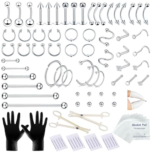 A-minusone 84+98+120PCS Body Septum Piercing Kit 14G 16G Tools for Nose Tongue Lip Ear Eyebrow Belly Button Cartilage Tragus Industrial Barbell Helix Daith Piercing Jewelry Clamps - size: 98 Pcs