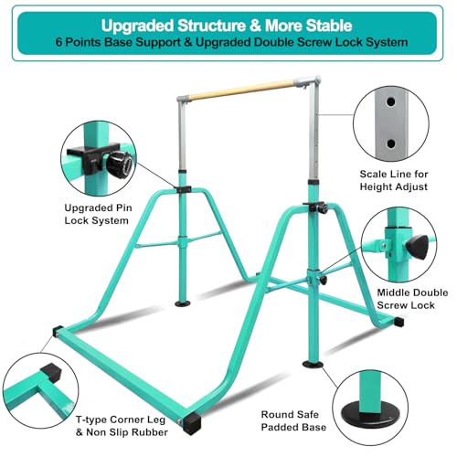 Foldable & Moveable Gymnastics Horizontal Bar with Rings,3’to 5’Adjustable Height Expandable Junior Kip Bar for Home,Indoor Gym Equipment for Kids - style: Foldable Teal with Rings