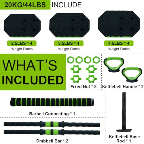 Adjustable Weight Set 66/88 Lbs, 4-in-1 Dumbbell Set and Barbell Weight Set for Home Gym, Converts to Kettlebell & Push-Up Stand, Free Weights Dumbbells Set for Men & Women Full Body Workout - size: 44 LB-Octagon