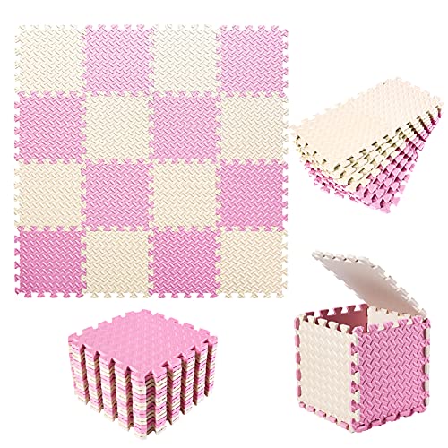16 Tiles, 0.4 Inch Thicked Interlocking Floor Mats with Solid Colors, Squares Baby Play Mat, EVA Foam Puzzle Floor Mat Foam Mats for Kids, Baby, Toddlers (Beige/Pink) - color: Beige/Pink, size: 16 Pcs/47.2*47.2