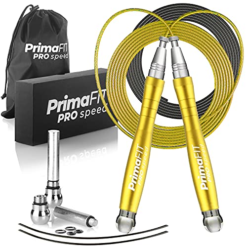 PrimaFIT Pro Speed Jump Rope for Adults, Weighted Skipping Rope for Boxing | Adjustable Jumping Rope for Fitness Workout & CrossFit Exercise, Double Unders, Handle Weights, 3m Cables 2 Protectors, Bag - color: Golden