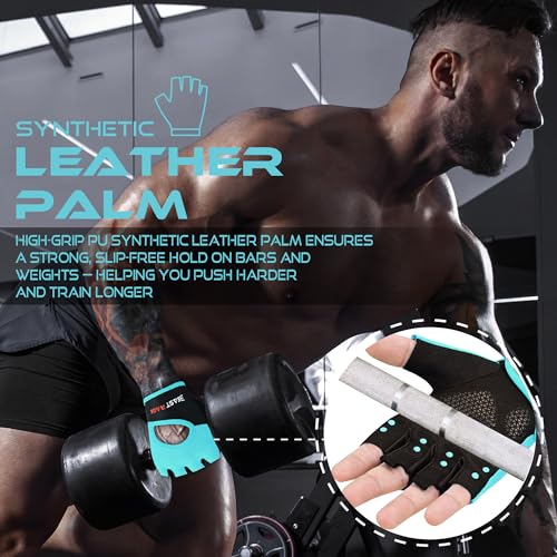 BEAST RAGE Workout Gloves for Men & Women - Fingerless Gym Gloves with Palm Protection, Breathable & Lightweight for Weightlifting, Cycling & Pull Up - color: Cyan, size: Medium