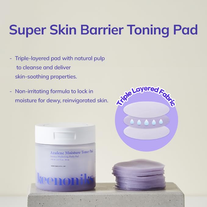 keenoniks Moisture Recovery Toner Pads for Dry, Sensitive Skin – Soothes & Hydrates with Azulene & Chamomile – Korean Skincare - 80 Pads (5.07 fl oz) - color: Purple