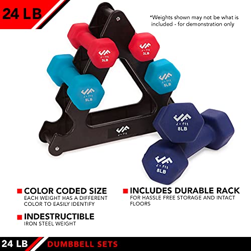 JFIT Dumbbell Pairs or Sets – Neoprene & Vinyl Coated Hand Weights for Home Gym, Strength Training, Aerobics, Cardio Exercise and Fitness - size: 24 lbs (Set), style: Dumbbell Set with Rack