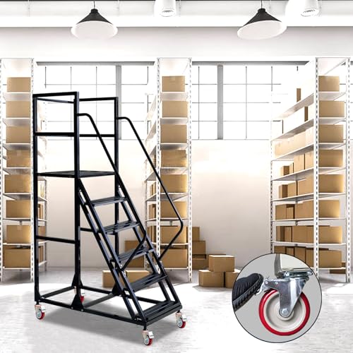 4 Step Rolling Ladder with Handrails, 1100 lbs Capacity Heavy Duty Mobile Warehouse Ladder with Wheels, Industrial Steel Non-Slip Rolling Stairs with Large Platform, for Garage Stockroom Library - color: Black, size: 4 Step