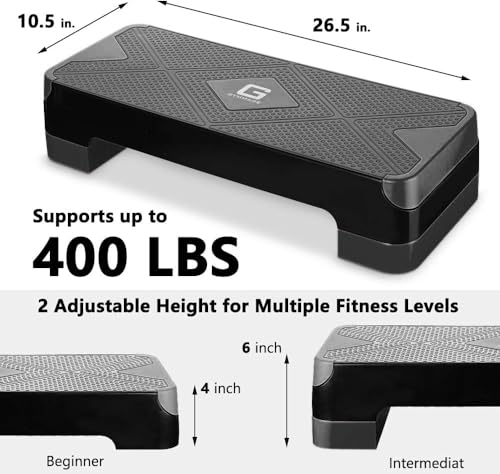 GYMMAGE Adjustable Workout Aerobic Stepper, Aerobic Exercise Step Platform with 2 Risers, Exercise Step Deck for Fitness, 26.5" Trainer Stepper with Non-Slip Surface Home Gym & Extra Risers Options - color: Dark Gray