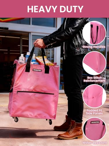 WORKPRO Medium Reusable Grocery Bag on Wheels, Heavy Duty Rolling Shopping Tote with Handle, Folding Trolley on 4 Caster Wheels for Groceries, Laundry, Camping, Moving - color: Pink, size: Medium