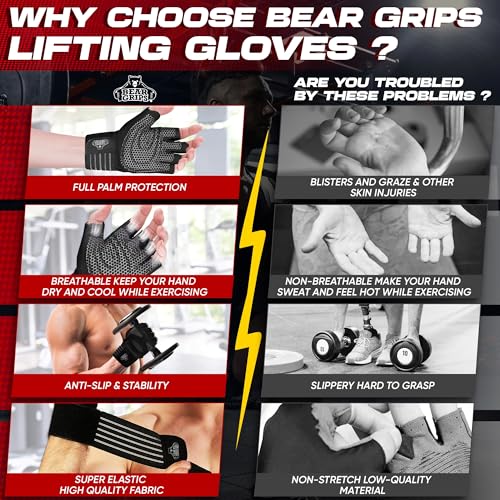 Bear Grips Weight Lifting Gloves for Men & Women | Half Finger Lifting Gloves | Full Finger Workout Gloves for Men | No Finger Exercise Gloves l Compression Weightlifting Gloves | Gym Gloves for Men - color: Armor Black-Half Finger, size: Small