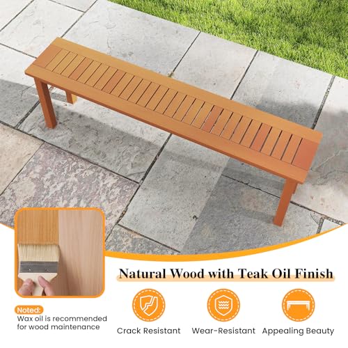 Tangkula Outdoor Wood Bench, 59” Long Patio Dining Bench, Backless Wooden Bench with Teak Oil Finish & Slat Seat, Accent Entryway Bench, Farmhouse Bench for Yard, Garden, Porch, Indoors - size: 59"