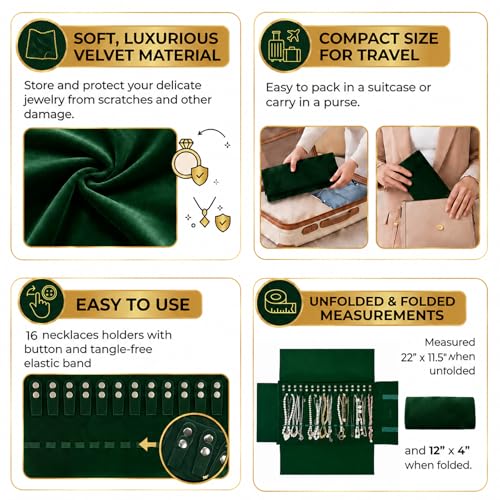 UnionPlus Velvet Travel Jewelry Roll Bag Organizer for Necklace, Elastic Band and Anti-winding, Blackish Green - color: Blackish Green, size: Medium