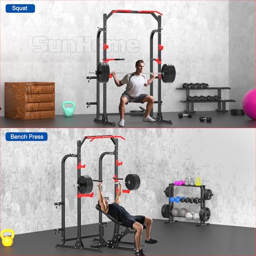 SunHome Power Cage Squat Rack, Power Rack with Pulley System, Adjustable Cable Crossover System, J-Hooks, Dip Handles, Weight Plate Storage - color: Half Power Cage