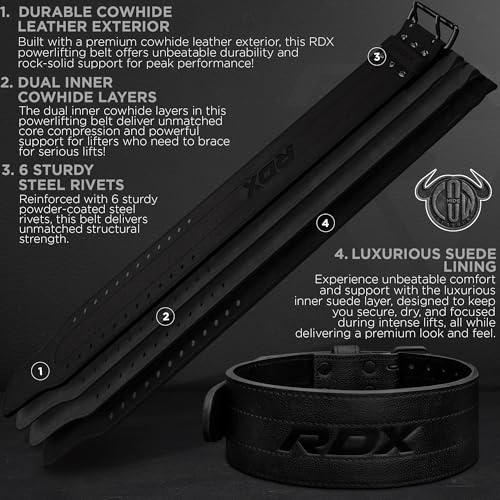 RDX IPF Compliant Powerlifting Belt 13mm and 10mm, USAPL USPA and IPL Competition Level Genuine Leather 4” Gym Belt for Heavy Weight Lifting Deadlift Squats and Strongman Strength Training, Men Women - color: 10MM BLACK, size: L