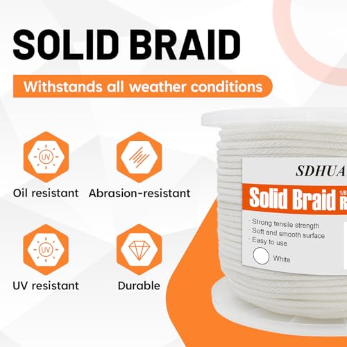 SDHUATUO 1/8 Inch Nylon Solid Braided Rope, 500FT Polyester Cord White | 260 lbs, UV Resistant & Wearproof, Soft Flexible Rope for Binding, Flower Baskets and Other Handicrafts, Gardening - color: White, size: 1/8''-500ft