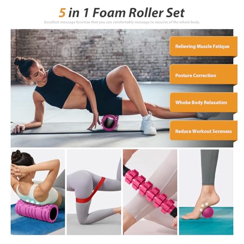 5 in 1 Foam Roller Set for Deep Tissue Muscle Massage, High Density Fitness Exercise Foam Roller, Massage Roller, Massage Ball, Resistance Band, for Whole Body (Pink-Black) - color: Pink-black