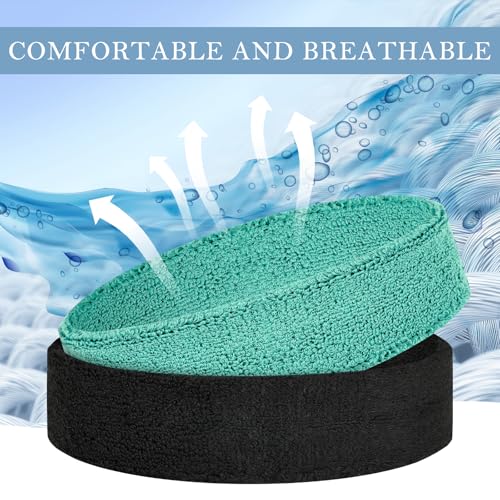 4 Pack Cotton Terry Sweat Headbands for Men Women Running Gym | 4 pack soft cotton terry headbands, Stretch 7 to 15 inches, Sweat-wicking, stays put for running, tennis, basketball & yoga - color: Black/Gray/Sky Blue/White
