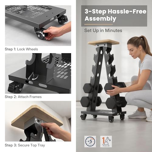 Vertical Dumbbell Rack, 5-Tier Weight Rack, Wheels, 300LBS Capacity | A-Frame Design, Solid Steel Construction, Training Platform, Bottom Tray, Home Gym Organizer, Rack Only