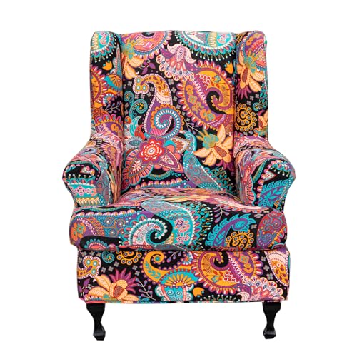 CRFATOP 2 Piece Stretch Wingback Chair Cover Printed Wing Chair Slipcovers Spandex Fabric Wingback Armchair Covers with Elastic Bottom for Living Room Bedroom Wingback Chair,C13 - color: Color C13