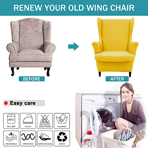 NILUOH Wingback Chair Cover 2-Piece Soft Stretch Wing Chair Slipcover Solid Color Armchair Sofa Couch Cover Furniture Protector with Elastic Bottom for Living Room Bedroom (Lemon Yellow) - color: Lemon Yellow