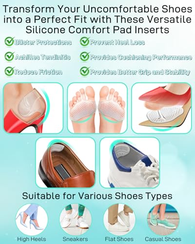 10PCS High Heel Comfort Pad Inserts, Silicone Shoe Cushion Insoles Heel Grips Liner Metatarsal Pads for Women Shoes Too Big, Prevent Rubbing Blisters, Self Adhesive, Clear