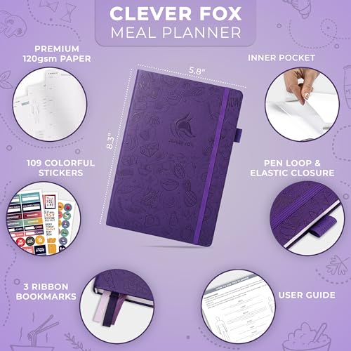 Clever Fox Weekly Meal Planner - Weekly & Daily Meal Prep Journal with Shopping and Grocery Lists for Menu Planning, Healthy Diet & Weight Loss Tracking, Lasts 1 Year, Undated, A5 - Purple - color: Purple