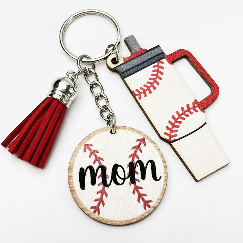 Women's Colorful Sports Ball Keyring Tassel Tumbler Charm Rugby Baseball Soccer Basketball Wooden Keychain Gifts - color: Baseball White