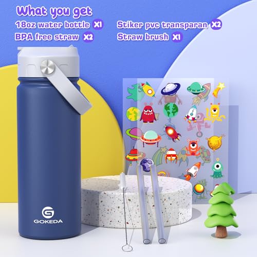 GoKEDA 18oz Kids Water Bottle, Insulated Water Bottles with Stickers, 18/8 Stainless Steel Vacuum Leak Proof Straw Cup for School, Gifts for Boys(Dark Blue) - color: Sapphire Blue