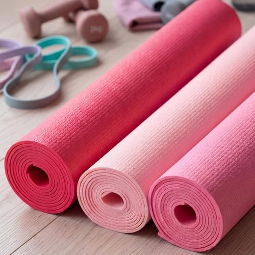 Funtery 3 mm Thin Yoga Mats Bulk, 68 x 24 Inches Lightweight PVC Exercise Mats Non Slip Workout Fitness Pads for Yoga Pilates Stretching Classes Gym Home Studio - color: Pink Series Color