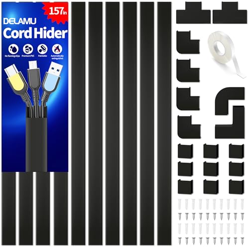 Cable Hider, 157in Delamu Cord Hider Wall for Wall Mounted TV, Wire Hider Kit, Paintable Cable Concealer Raceway Management for Home & Office, 10XL15.7 W0.95 H0.55in, Black - color: Black, size: 157in L x 0.95in W x 0.55in H