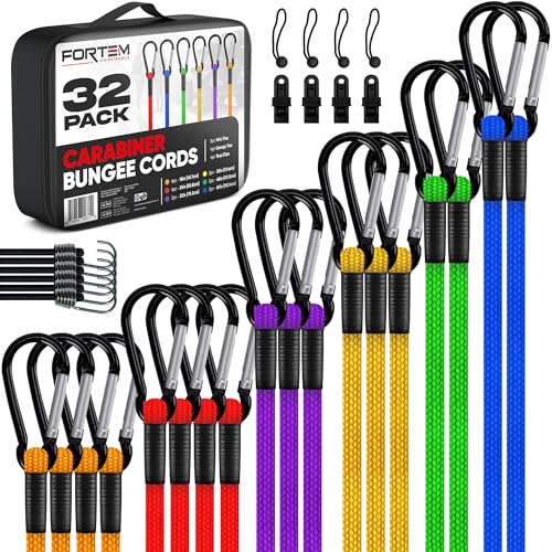 FORTEM Carabiner Bungee Cord Assortment, 32pk Bungee Cords Multi Pack, Includes 18", 24", 30", 36", 48", 60" Bungees and 8" Canopy Tarp Ball Ties, Coated Metal Hooks - size: Pack of 32 Carabiner