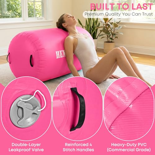 Inflatable Gymnastics Air Barrel Roller with Electric Pump, Heavy Duty PVC Tumbling Barrel Back Handspring Trainer, Air Tumble Track Mat for Home Gym, Cheerleading, Yoga Practice - color: Pink, size: 3.3'L x 2.6'D