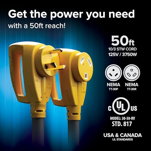 Camco PowerGrip 50-Ft 30-Amp Camper/RV Extension Cord - Standard Connectors | - 30-Amp Male & 30-Amp Female Connections, 10-Gauge Copper Wires w/Heat Resilient PVC Coating - Rated for 125V/3750W (55197) - size: 50-Foot, style: Standard End