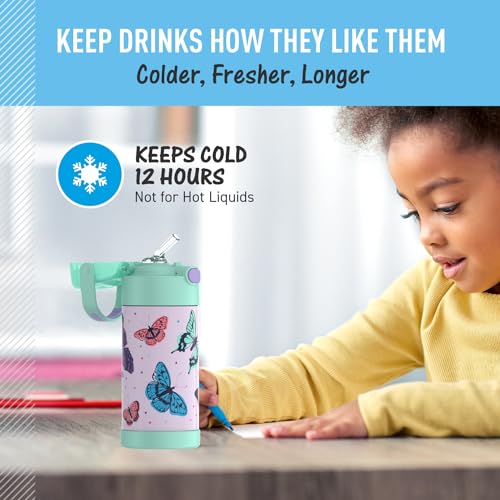THERMOS FUNTAINER Water Bottle with Straw, 12oz, Butterfly Frenzy | Kids Stainless Steel Insulated Water Bottle, Keeps Drinks Cold Longer for School & Play, BPA-Free - color: Butterfly Frenzy, size: 12 Ounces