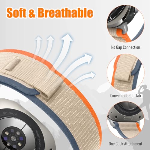 Trail Band for Samsung Galaxy Watch Ultra Bands 47mm Men/Women,Rugged Fabric Nylon Alpine Sport Loop Strap for Samsung Galaxy Watch 7 Ultra Band 47 mm 2024 Breathable Replacement Wristband - color: Orange Beige