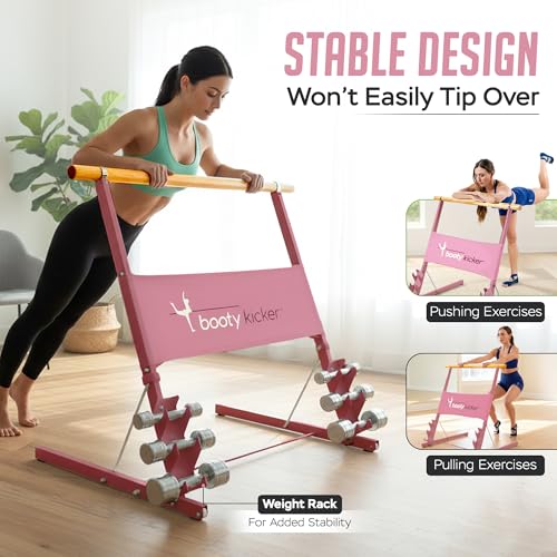 Portable Folding Exercise Bar for Barre, Balance and Ballet Home Workouts | Authentic Booty Kicker, Strong Freestanding Stable Design, Solid Steel and Wood Workout Equipment - color: Pink