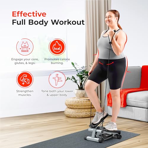 Sunny Health & Fitness Mini Stair Stepper w/Resistance Bands for Home Gym | Full Body Cardio, Adjustable Step Height, Hydraulic Resistance, LCD Meter, No Assembly, 300 lb Capacity, SunnyFit App - color: Grey