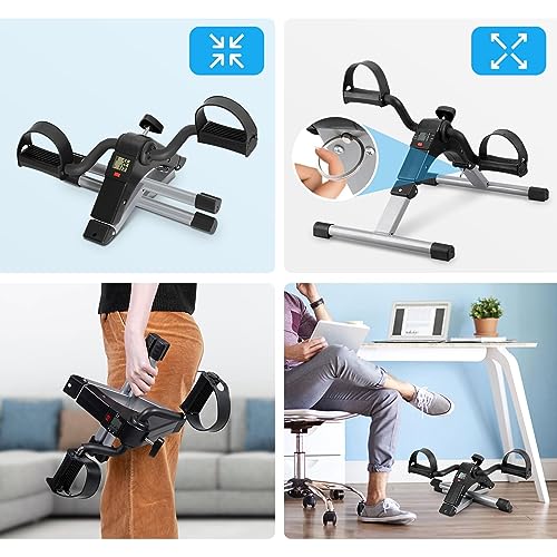 Uten Folding Pedal Exerciser, Under Desk Bike Pedal Exerciser, Mini Under Desk Exercise Bike Foot Hand Cycle Portable, Arm and Leg Exercise Peddler Machine with LCD Monitor - color: Silver-1