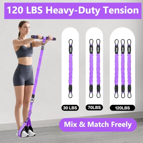 Bbtops Pedal Resistance Band with Handle for Women Men, Purple | 30-120LBS Adjustable, 3-Tube Foot Resistance Bands, Core Abs Legs Arms Training, Portable Sit Up Exercise Equipment