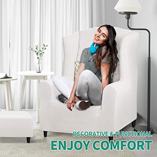 YEMYHOM 1 Piece Stretch Wingback Chair Slipcover Latest Jacquard Design Wing Chair Cover Non Slip Furniture Protector with Foam Rods for Living Room (Wing Chair, White) - color: White, size: 1 Pack - Wing Chair