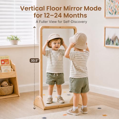 Woodtoe 4-in-1 Montessori Mirror with Bar, Adjustable Tummy Time Floor Mirror, Baby Pull to Stand Toy, Natural Unpainted Solid Wood Frame, Baby Pull Up Bar, Developmental Toys for Nursery (Large Size)