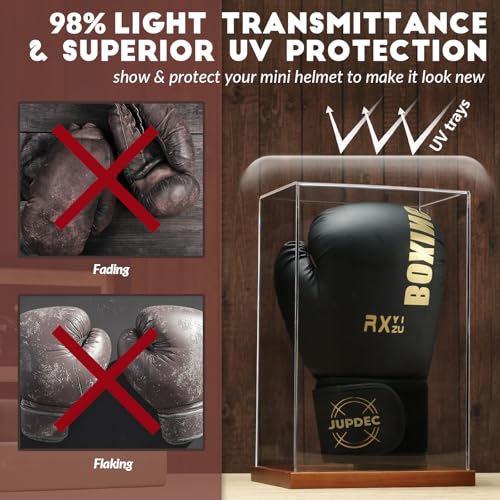 JupDec Boxing Glove Display Case, Clear Acrylic Showcase with Wood Base & Plank for Single Glove, Full Size UV Protection Souvenirs and Collectibles Box, Ideal Gift for Boxing Fans - size: 1 Pack
