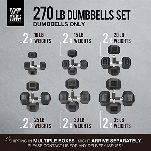 WF Athletic Supply Rubber Encased Hex Dumbbells with Rubber Grip Contoured Handle for Muscle Toning, Strength Building & Full Body Workout - color: v. 270LB Dumbbell Set Only (10LB-35LB)
