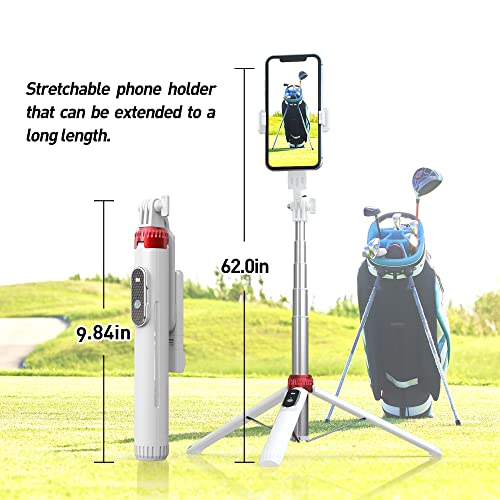 62" Phone Tripod & Selfie Stick for Golf Training, Extendable Cell Phone Tripod Stand with Wireless Remote and iPhone Holder, Golf Training Aid - Compatible with iPhone Android (White)