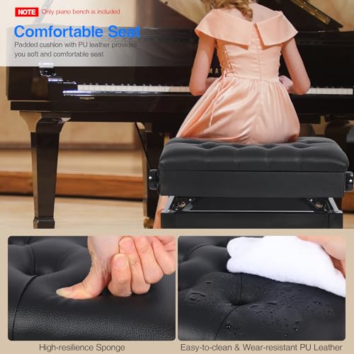 Adjustable Height Piano Bench with Storage, Heavy Duty Wooden Piano Stool Keyboard Bench with PU Leather Cushion, Black - color: Black Matte