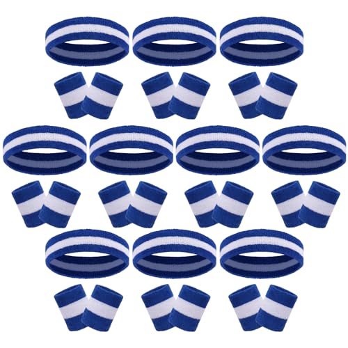 30 Pcs Sweatbands Wristbands Set Absorbent Terry Cloth Headbands Wristbands Neon Color Striped 80s Athletic Sweatbands for Sports Gym Exercise - color: Blue White Stripe