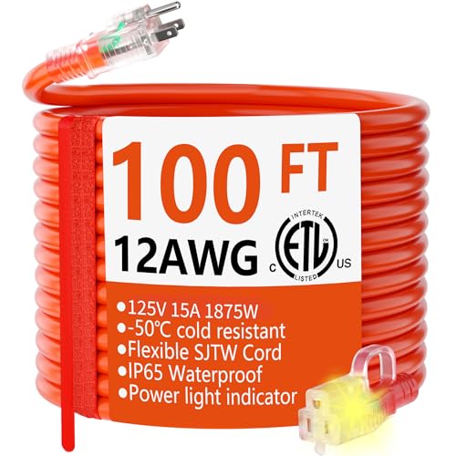 HUANCHAIN 12/3 Gauge Heavy Duty Outdoor Extension Cord 100 ft Waterproof with Lighted end, Flexible Cold-Resistant 3 Prong Electric Cord Outside, 15Amp 1875W 12AWG SJTW, Orange, ETL - color: Orange, size: 100FT
