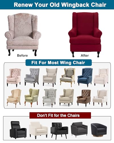 CRFATOP 2 Piece Stretch Wingback Chair Cover Jacquard Wing Chair Slipcovers Spandex Fabric Wingback Armchair Covers with Elastic Bottom for Living Room Bedroom Wingback Chair,Burgundy - color: Color C26-burgundy