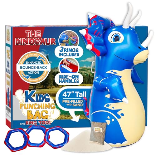 INFLATABLE DUDES Dinosaurs -Kids Punching Bag | Sand-Base | Bop Bag, Pre-filled with Sand, Inflatable Toy, Punching Bag for Kids, Enhanced Bounce-Back Action, Indoor/Outdoor - color: Blue Triceratops | Pre-filled with Sand