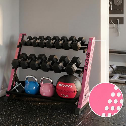 RitFit Rubber Hex Dumbbell Set with 3-Tier Dumbbell Rack,350-780LB Hand Weight Set with Anti-Slip Grip,1000LB Capacity Heavy Duty Steel Weight Storage Rack for Home Gym - color: Pink